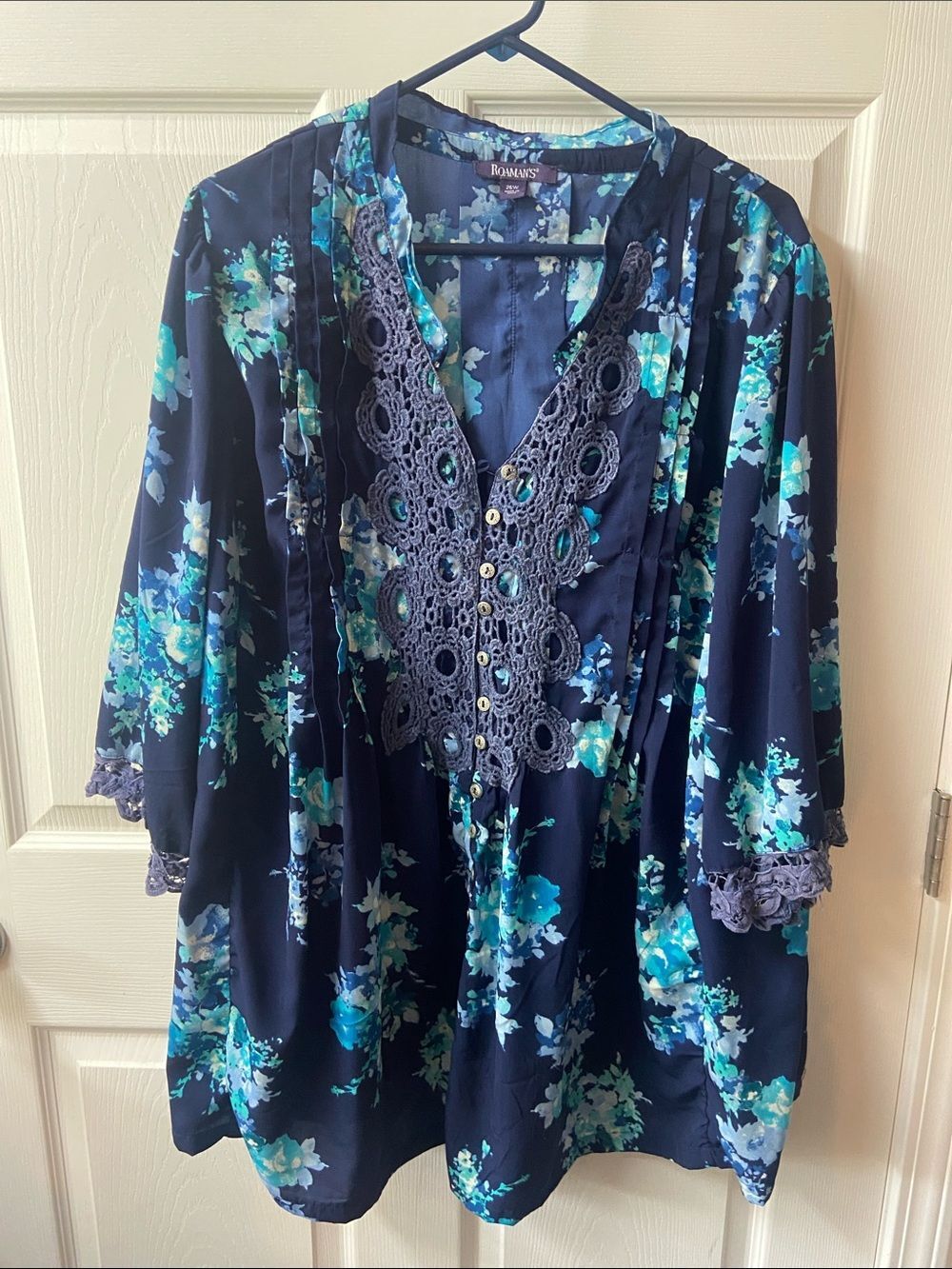 Roaman's Navy Floral Crochet-Trim Tunic with Teal Accents 26w